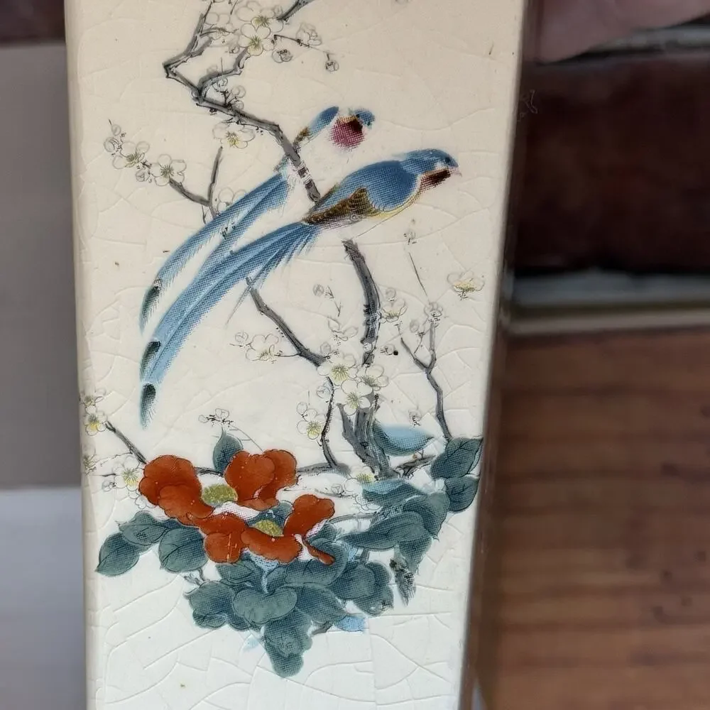 Set of 2 Vtg Treasure Craft Crackle Small Vases Birds Asian Flowers MCM USA Made